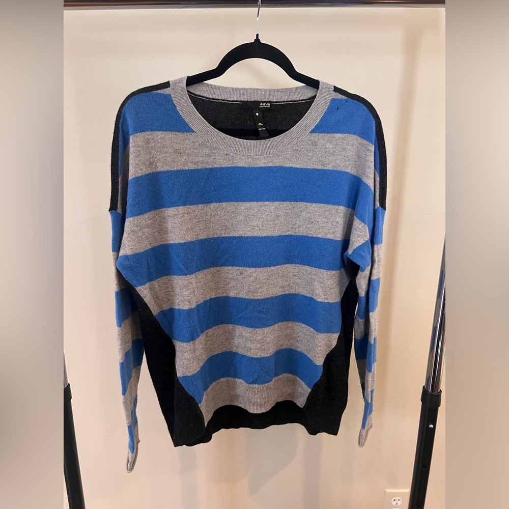 Aqua Cashmere - Blue and Gray Striped Sweater